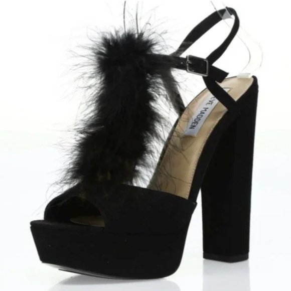 Steve Madden Shoes - Steve Madden Tricia Black Leather Suede Faux Fur Open Toe Heels Size 5.5